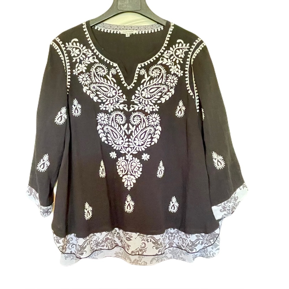 John Mark Black & White Paisley Embroidered Tunic Top XL